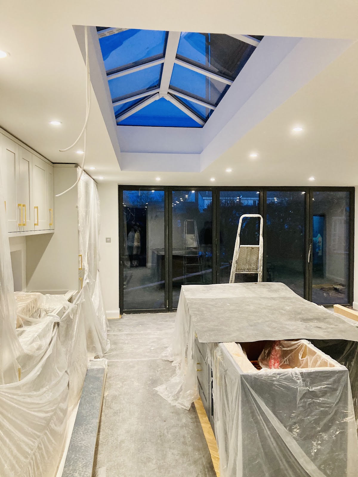 Kitchen extension carefully sheeted and masked off before decorating begins